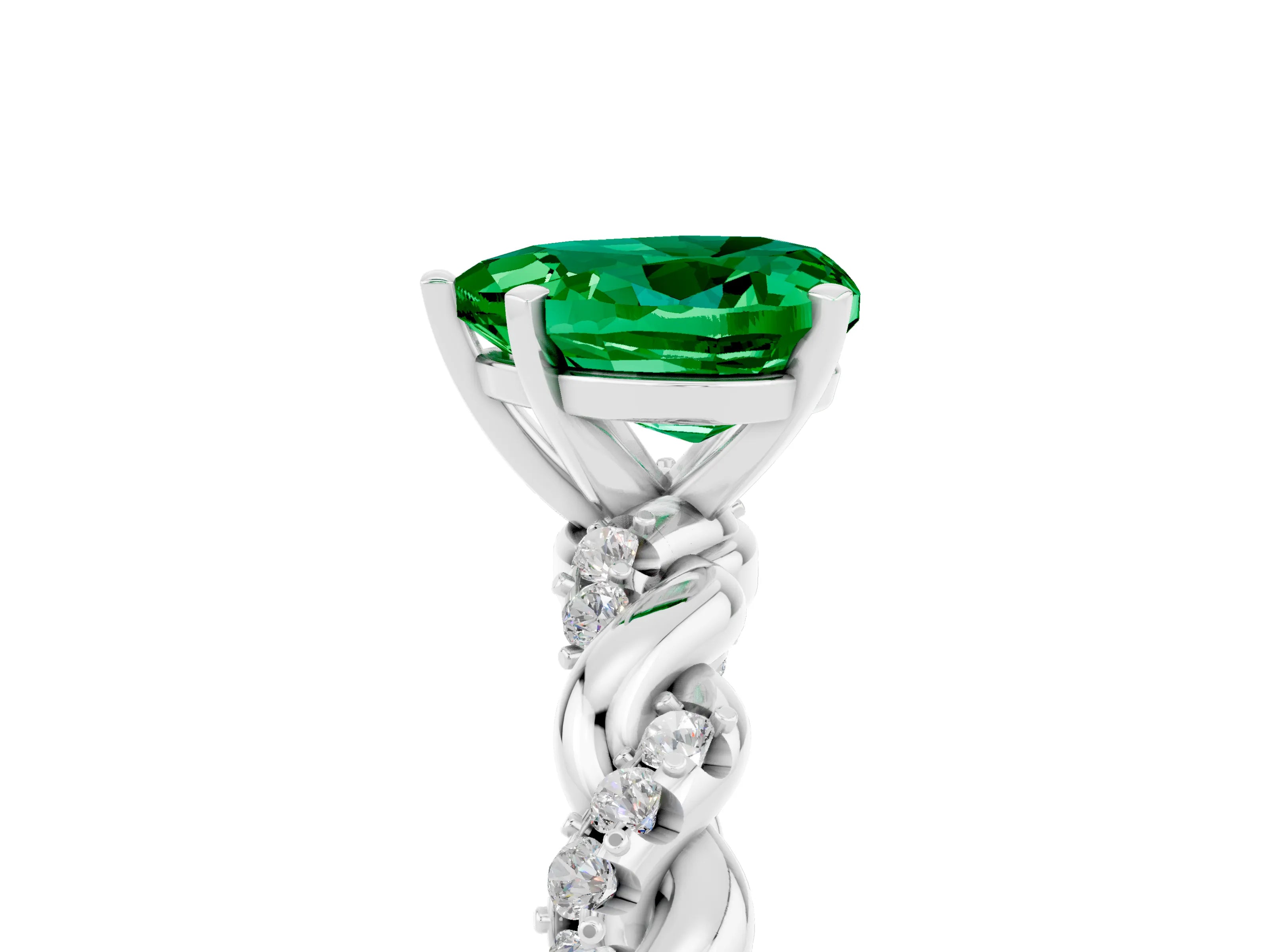 White gold Heart Cut Emerald Solitaire Ring with Twisted Band and Pavé Accents_5