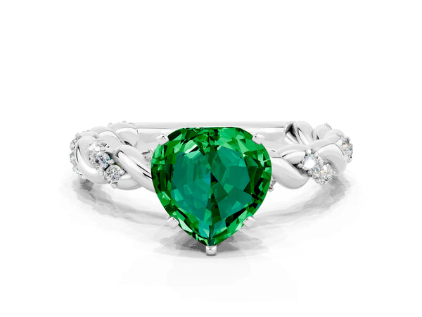 White gold Heart Cut Emerald Solitaire Ring with Twisted Band and Pavé Accents