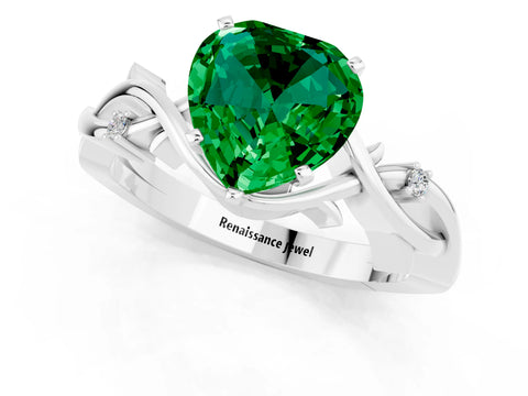 White gold Heart Cut Emerald Solitaire Ring with Twisted Band and Prong Setting_13