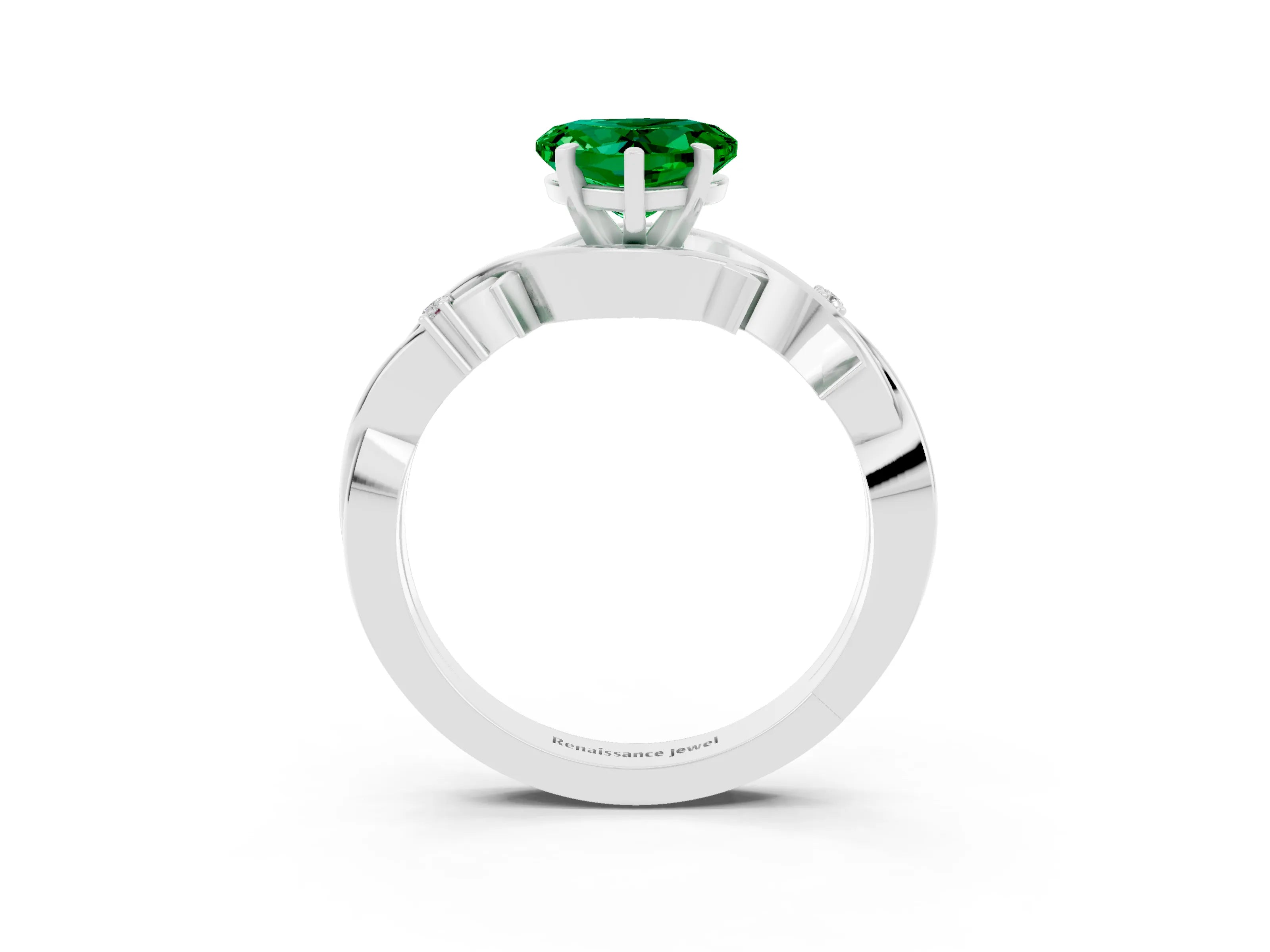 White gold Heart Cut Emerald Solitaire Ring with Twisted Band and Prong Setting_15