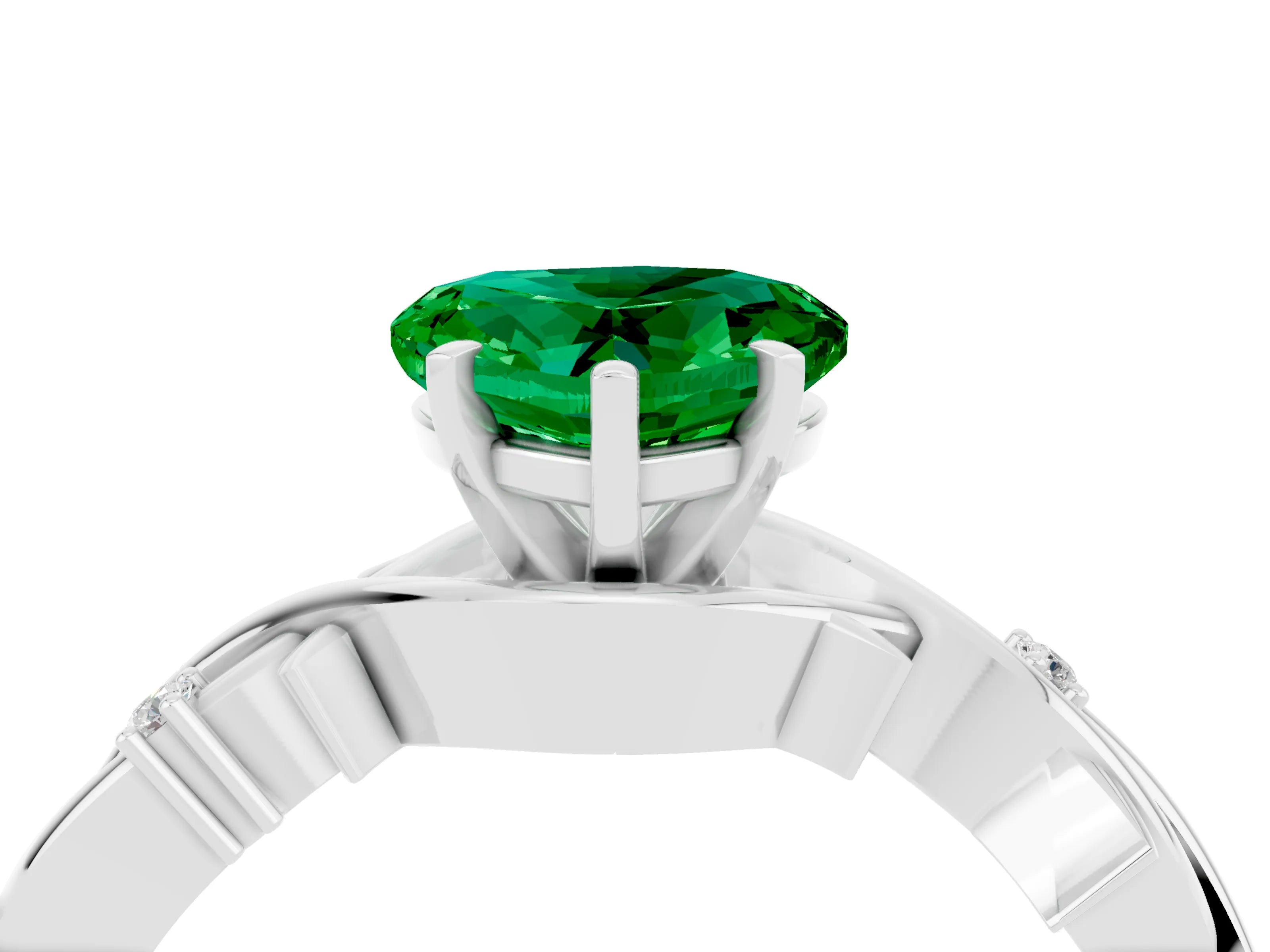 White gold Heart Cut Emerald Solitaire Ring with Twisted Band and Prong Setting_16