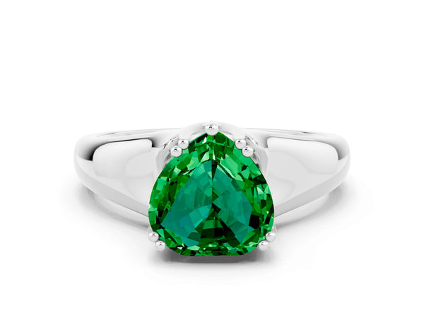 Platinum Heart Cut Emerald Solitaire Ring with Wide Band and Prong Setting