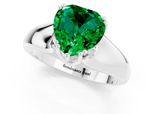 Platinum Heart Cut Emerald Solitaire Ring with Wide Band and Prong Setting