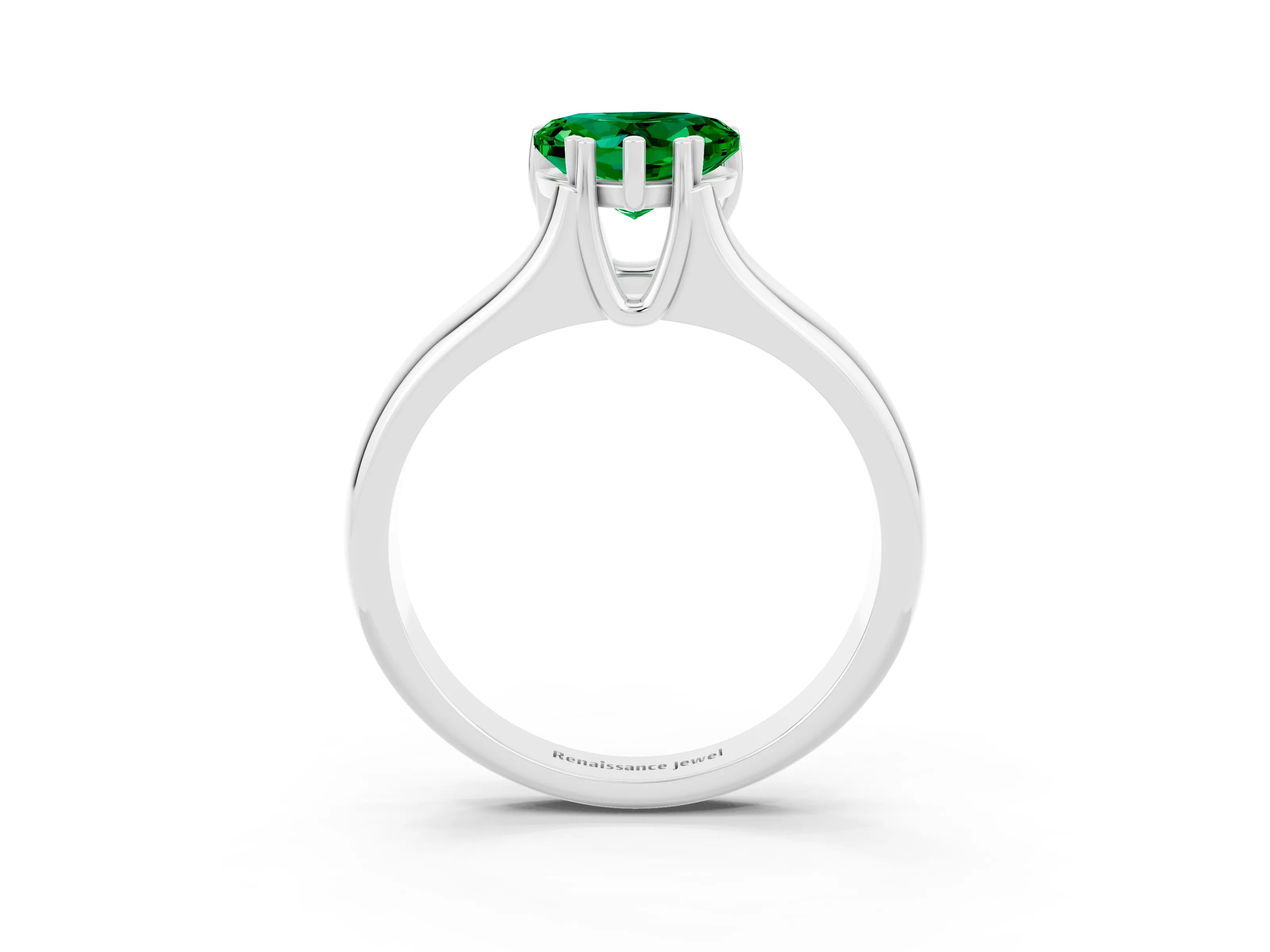 White gold Heart Cut Emerald Solitaire Ring with Wide Band and Prong Setting_3