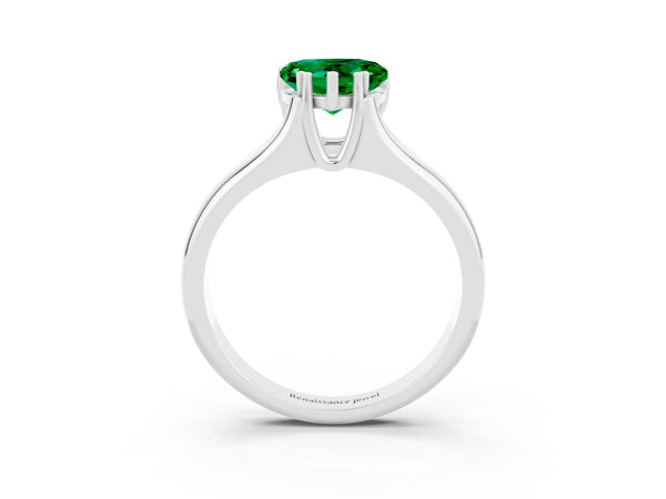 White gold Heart Cut Emerald Solitaire Ring with Wide Band and Prong Setting