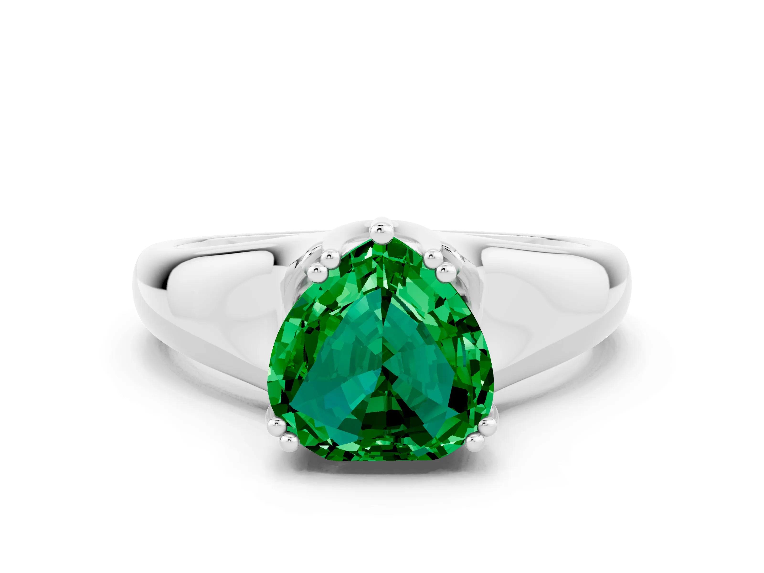 White gold Heart Cut Emerald Solitaire Ring with Wide Band and Prong Setting