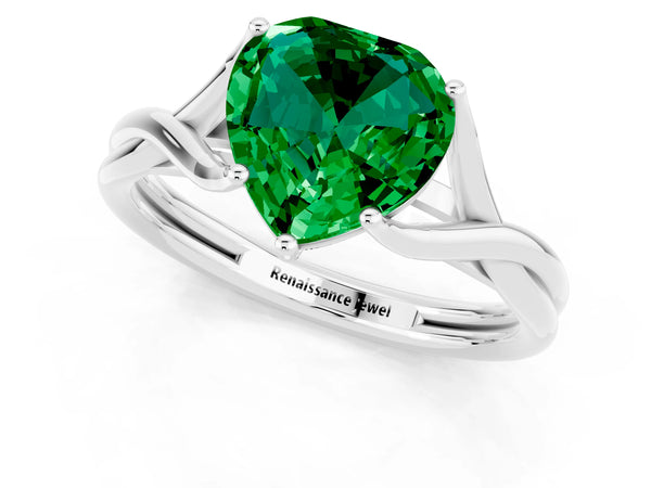 White gold Heart Cut Emerald Solitaire Twist Band Prong Setting Ring