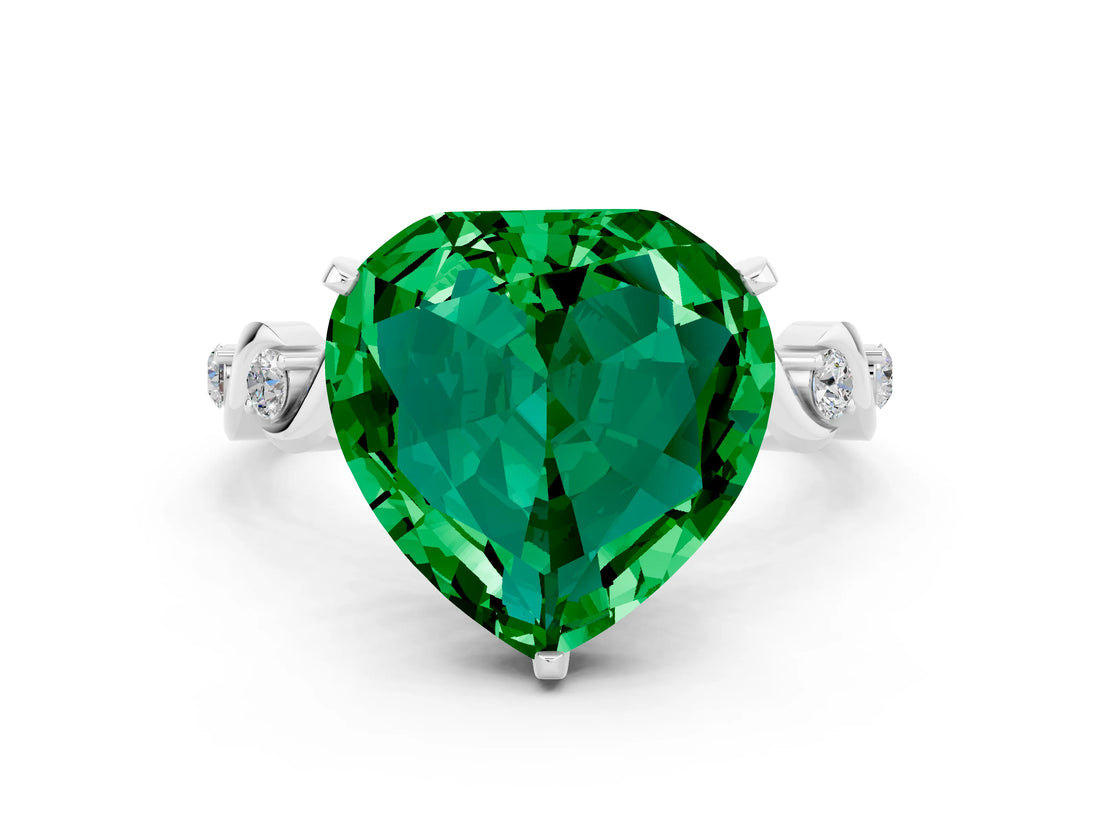 White gold Heart Cut Emerald Solitaire Twisted Band with Round  Accents and Prong Setting_12