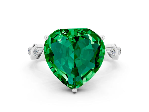 White gold Heart Cut Emerald Solitaire Twisted Band with Round  Accents and Prong Setting