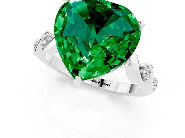 Platinum Heart Cut Emerald Solitaire Twisted Band with Round  Accents and Prong Setting
