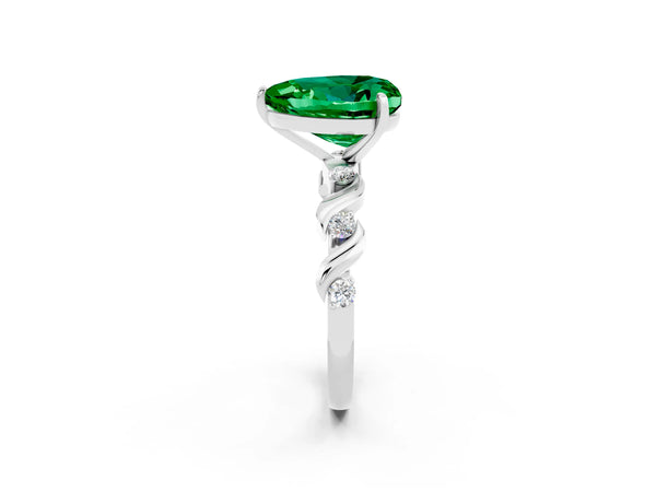 Platinum Heart Cut Emerald Solitaire Twisted Band with Round  Accents and Prong Setting