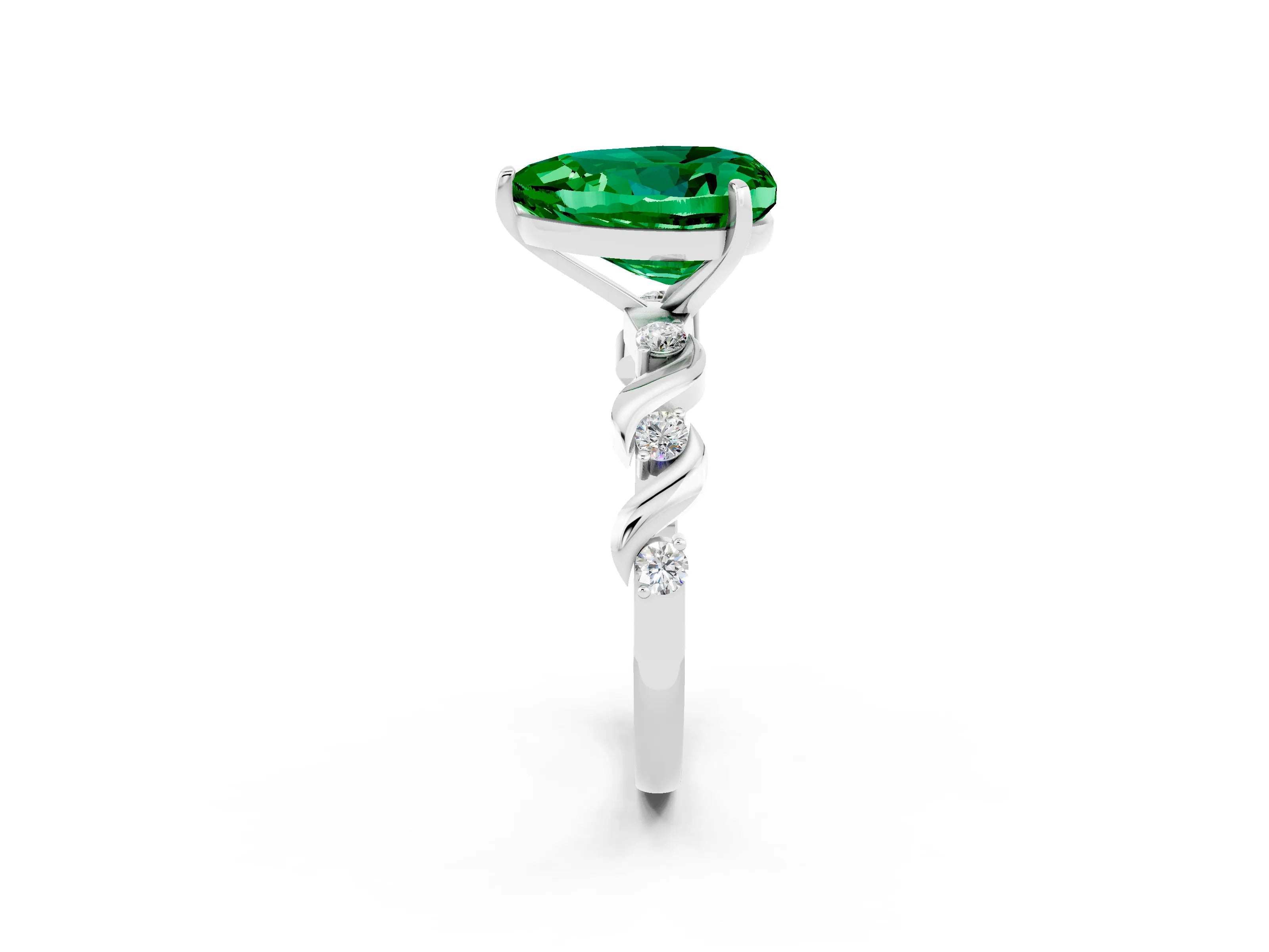 White gold Heart Cut Emerald Solitaire Twisted Band with Round  Accents and Prong Setting_14