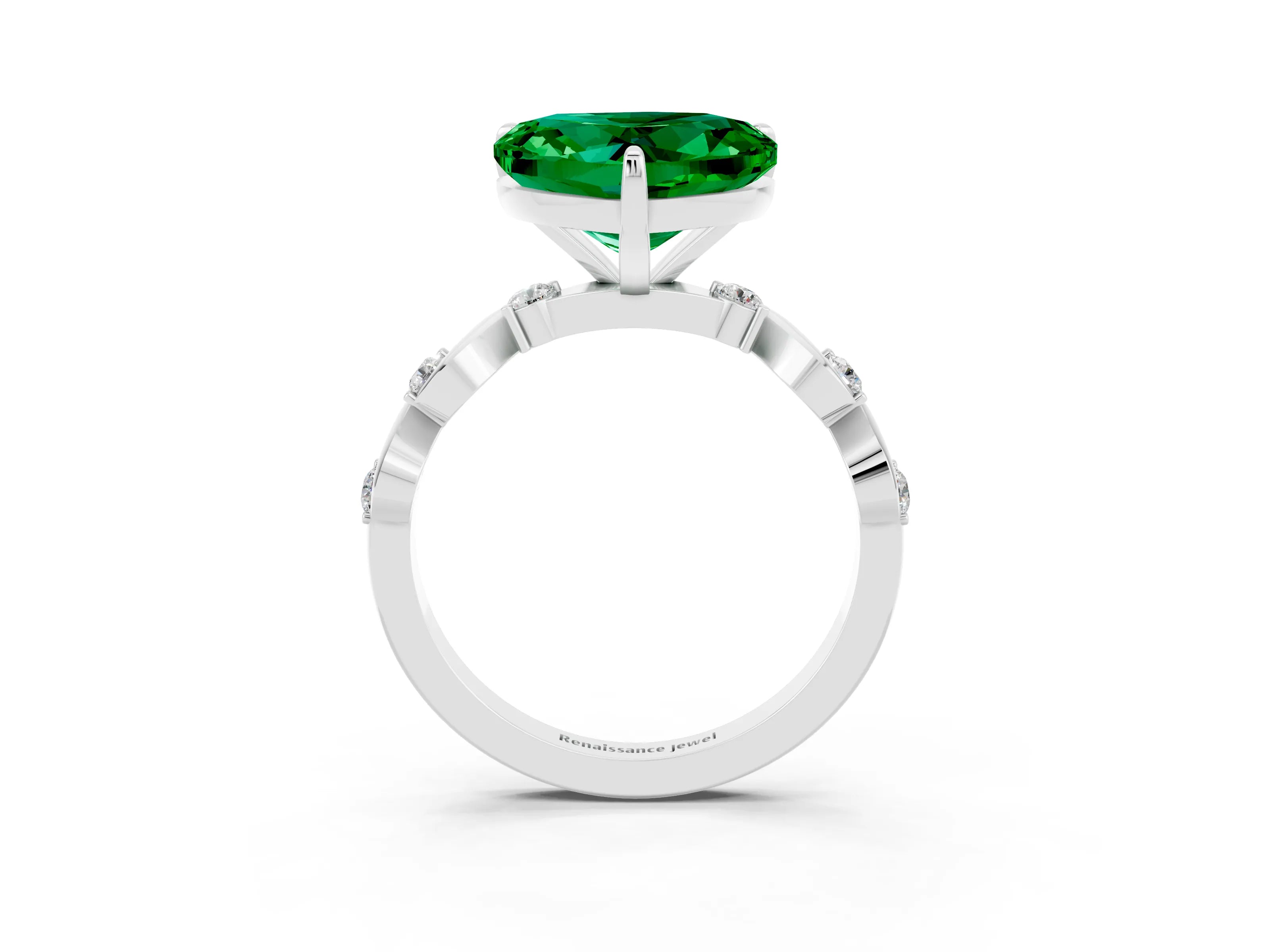 White gold Heart Cut Emerald Solitaire Twisted Band with Round  Accents and Prong Setting_15
