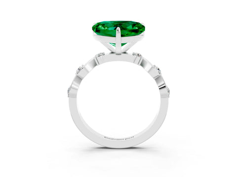 White gold Heart Cut Emerald Solitaire Twisted Band with Round  Accents and Prong Setting_15