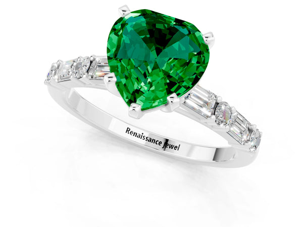 Platinum Heart Cut Emerald Solitaire with Side Baguettes and Channel Set Band