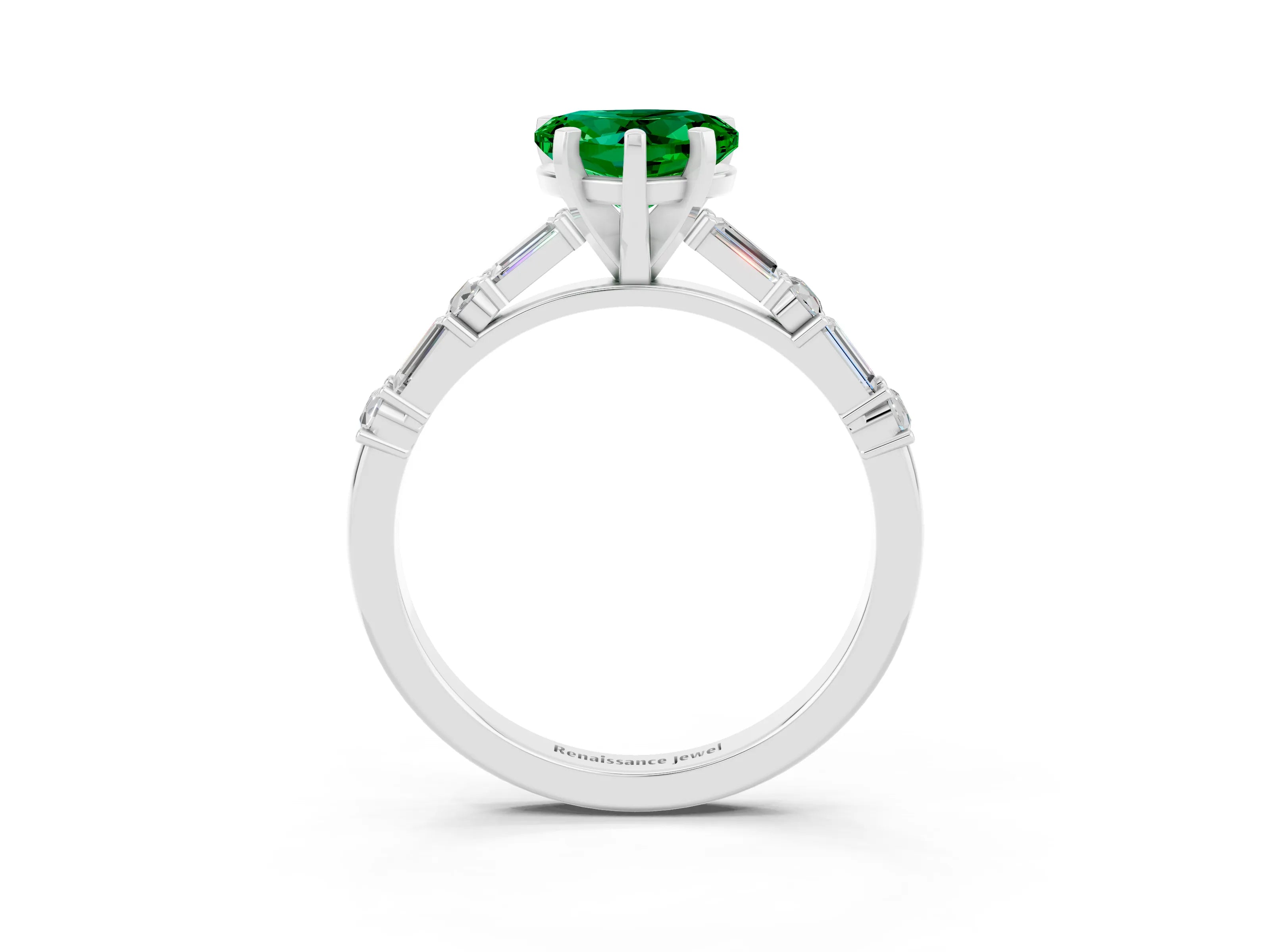 White gold Heart Cut Emerald Solitaire with Side Baguettes and Channel Set Band_3