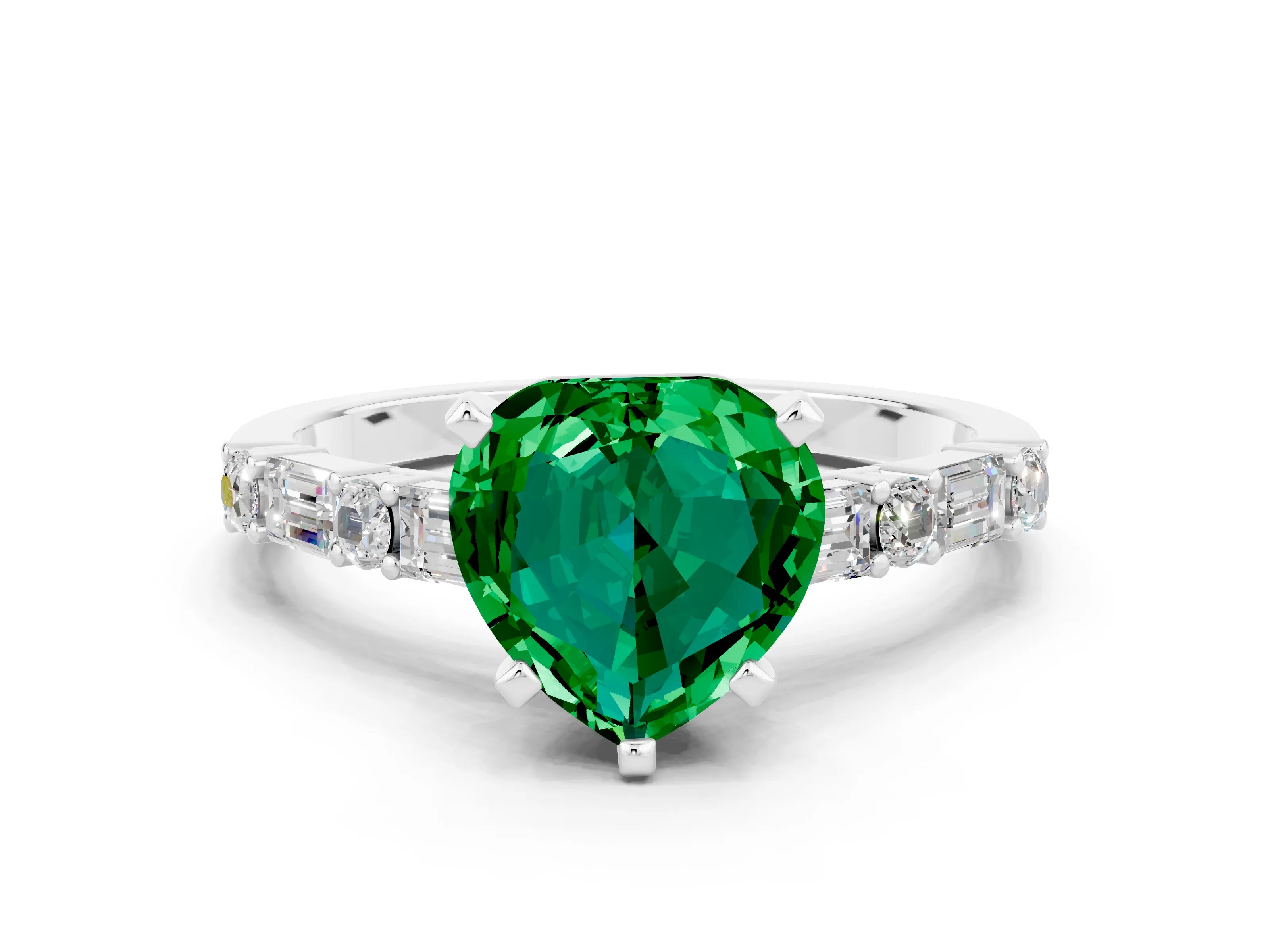 White gold Heart Cut Emerald Solitaire with Side Baguettes and Channel Set Band