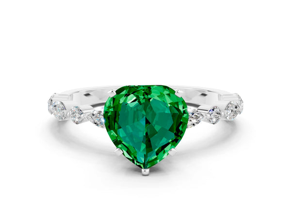 Platinum Heart Cut Emerald Ring with Marquise and Round  Side Stones and Four-Prong Setting