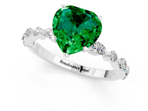 White gold Heart Cut Emerald Solitaire with Side Stones on a Pavé Band and Four-Prong Setting_1