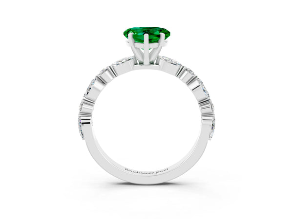 Platinum Heart Cut Emerald Ring with Marquise and Round  Side Stones and Four-Prong Setting