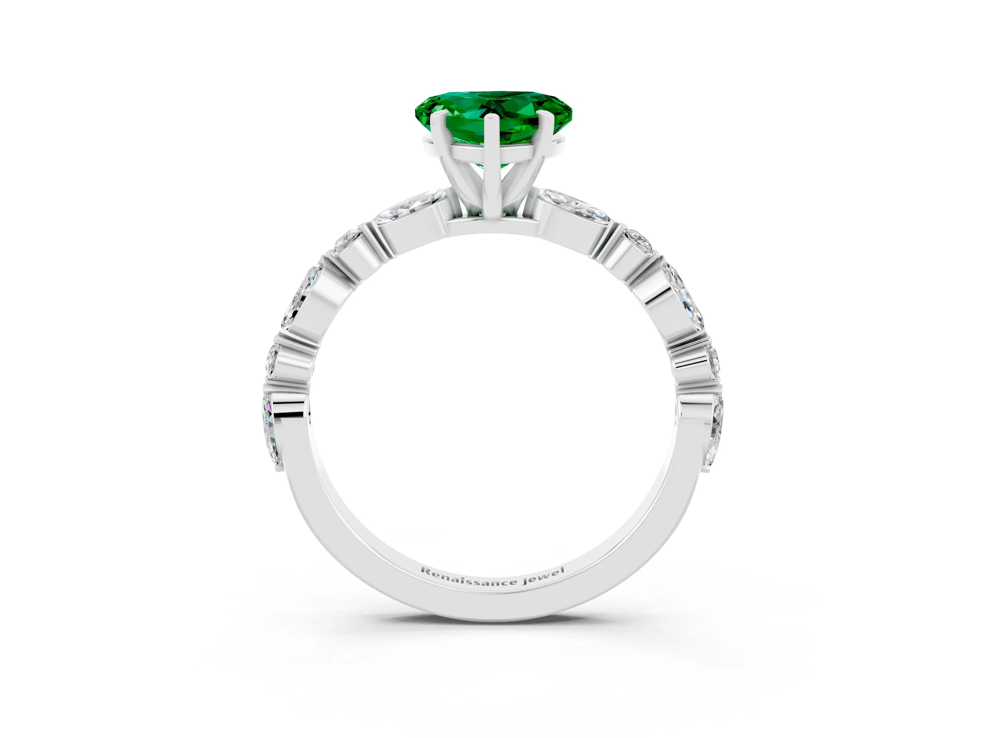 White gold Heart Cut Emerald Solitaire with Side Stones on a Pavé Band and Four-Prong Setting_3