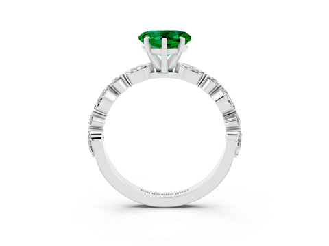 White gold Heart Cut Emerald Solitaire with Side Stones on a Pavé Band and Four-Prong Setting_3