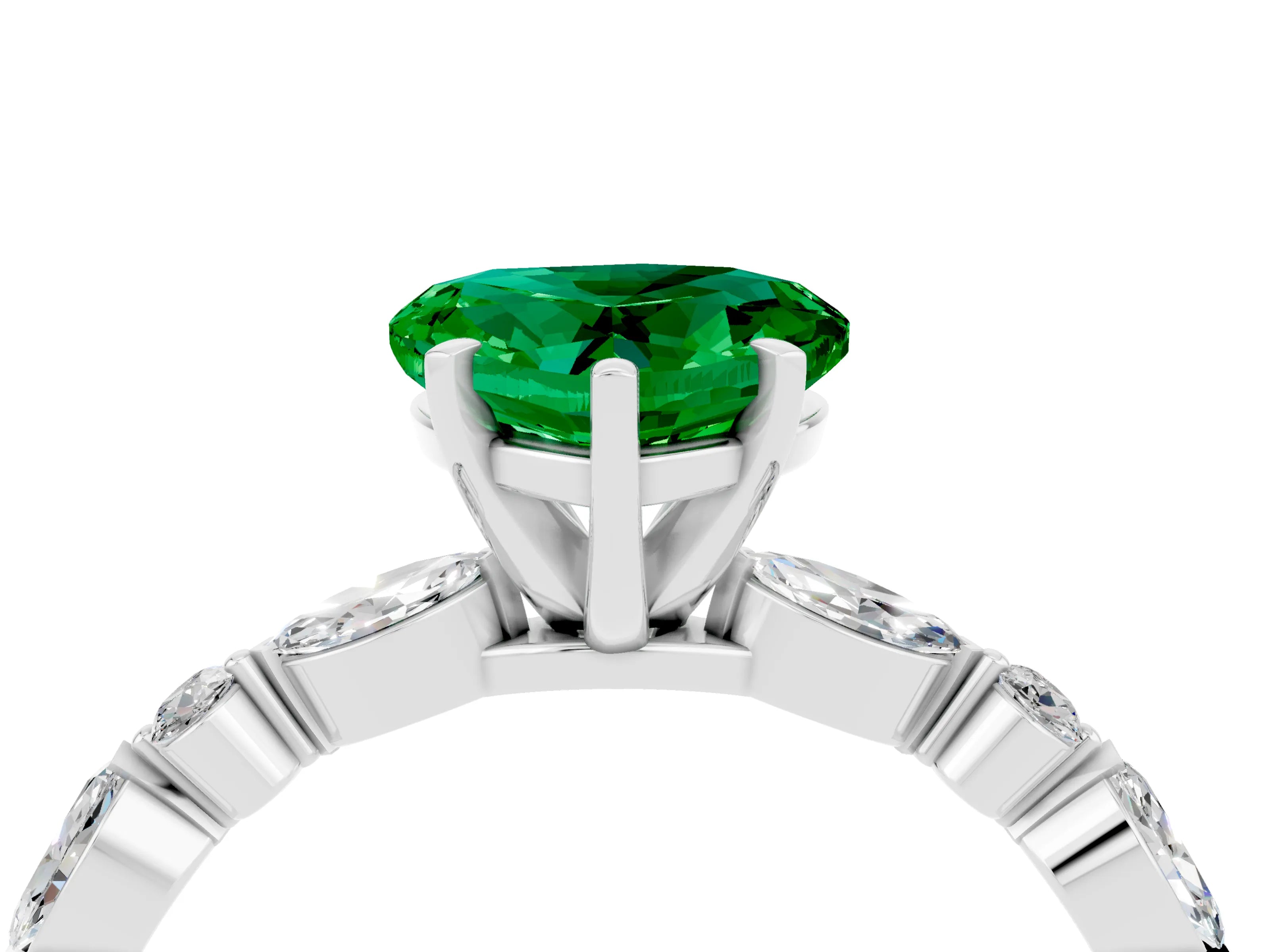 White gold Heart Cut Emerald Solitaire with Side Stones on a Pavé Band and Four-Prong Setting_4