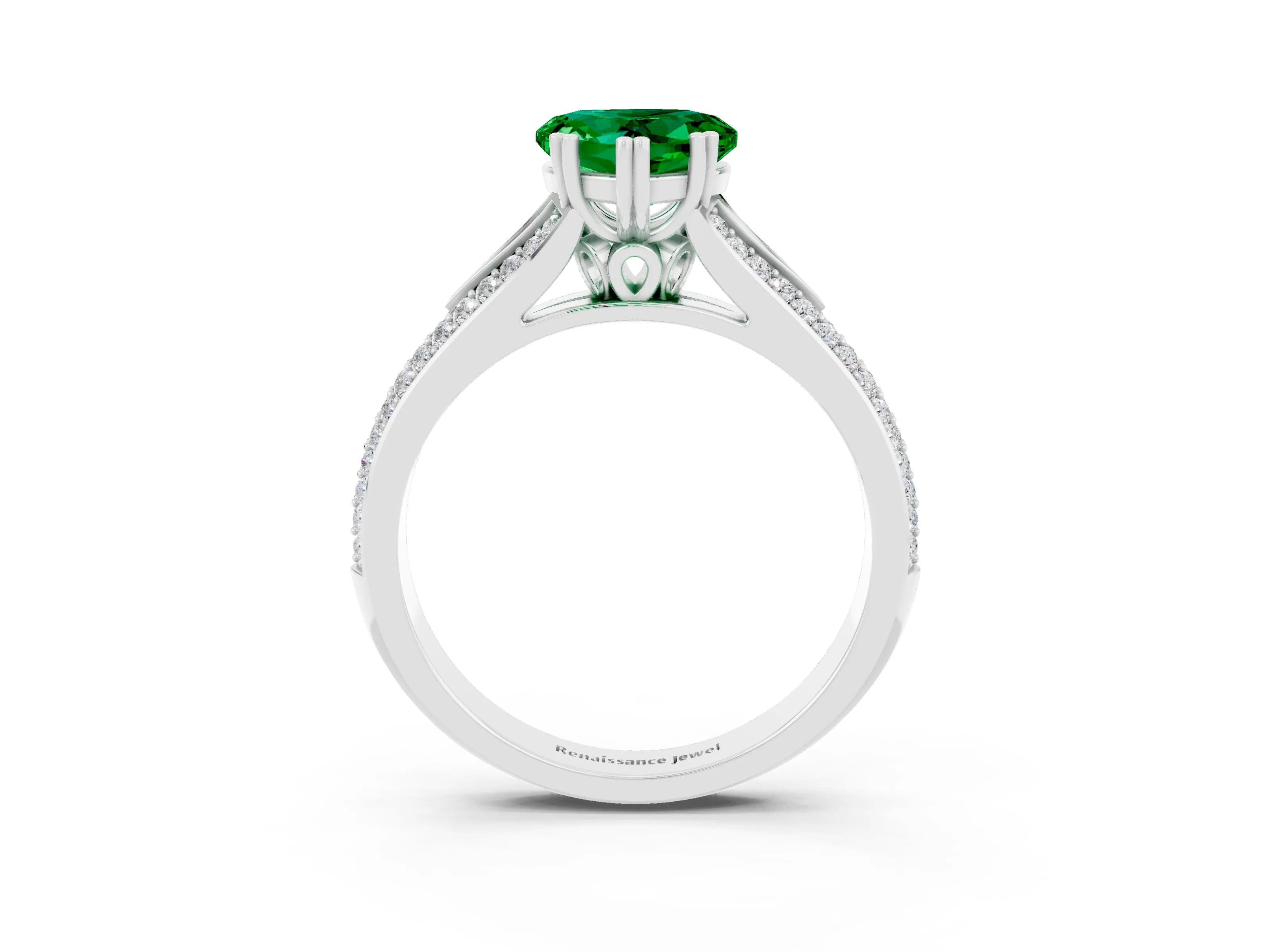 White gold Heart Cut Emerald Split Shank Engagement Ring with Pavé Band_3