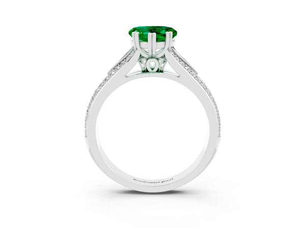 White gold Heart Cut Emerald Split Shank Engagement Ring with Pavé Band