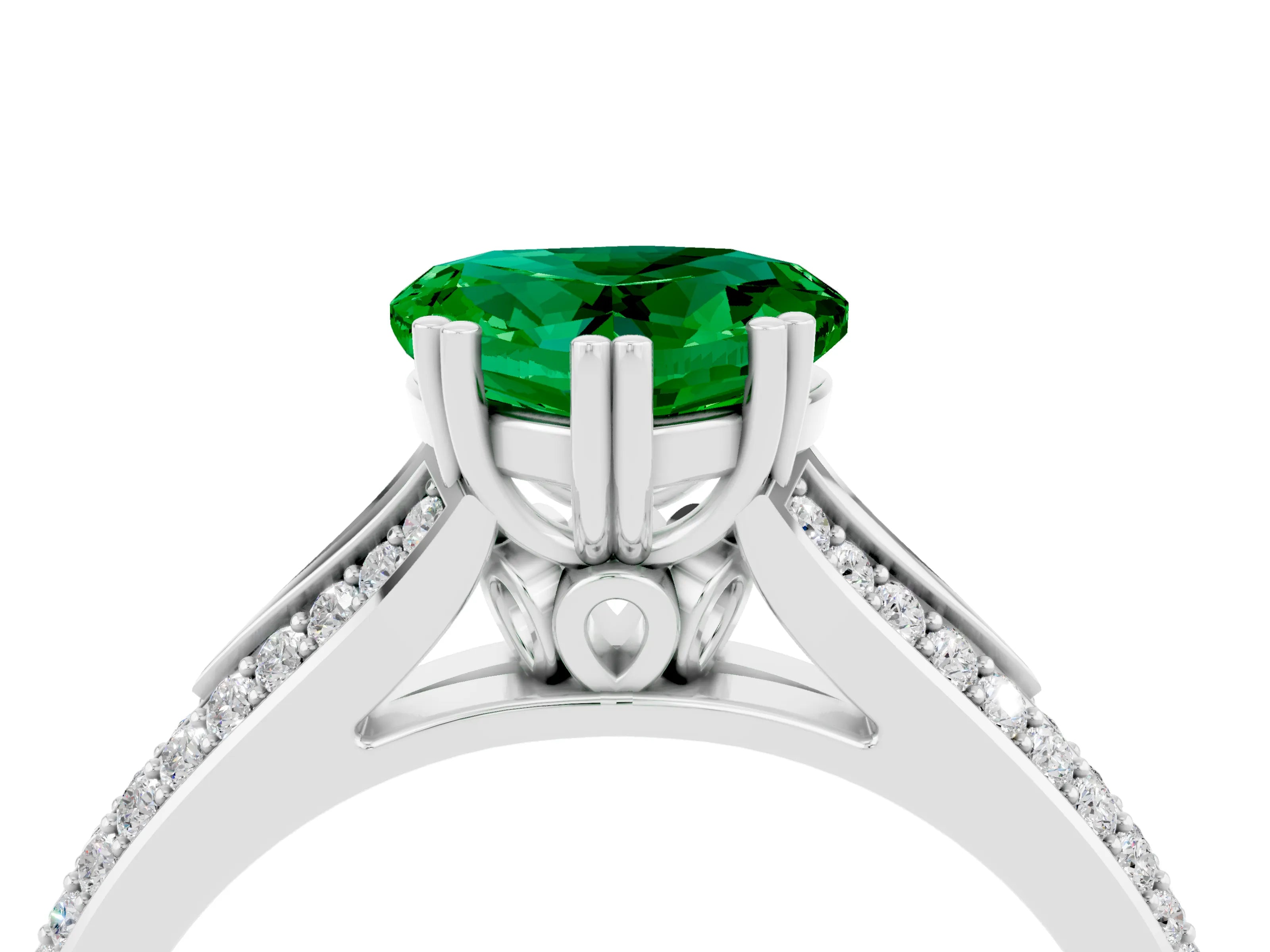 White gold Heart Cut Emerald Split Shank Engagement Ring with Pavé Band_4