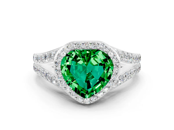 Silver Heart Cut Emerald Split Shank Halo Ring with Four-Prong Setting