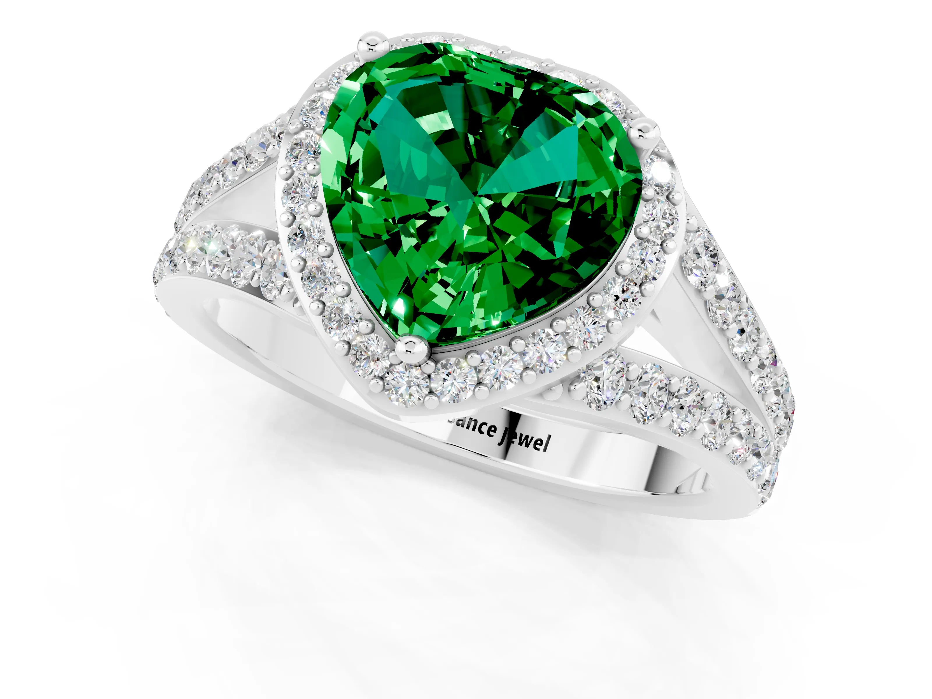 White gold Heart Cut Emerald Split Shank Halo Ring with Four-Prong Setting_53