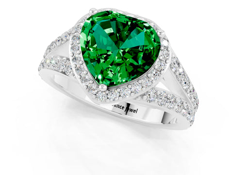 White gold Heart Cut Emerald Split Shank Halo Ring with Four-Prong Setting_53