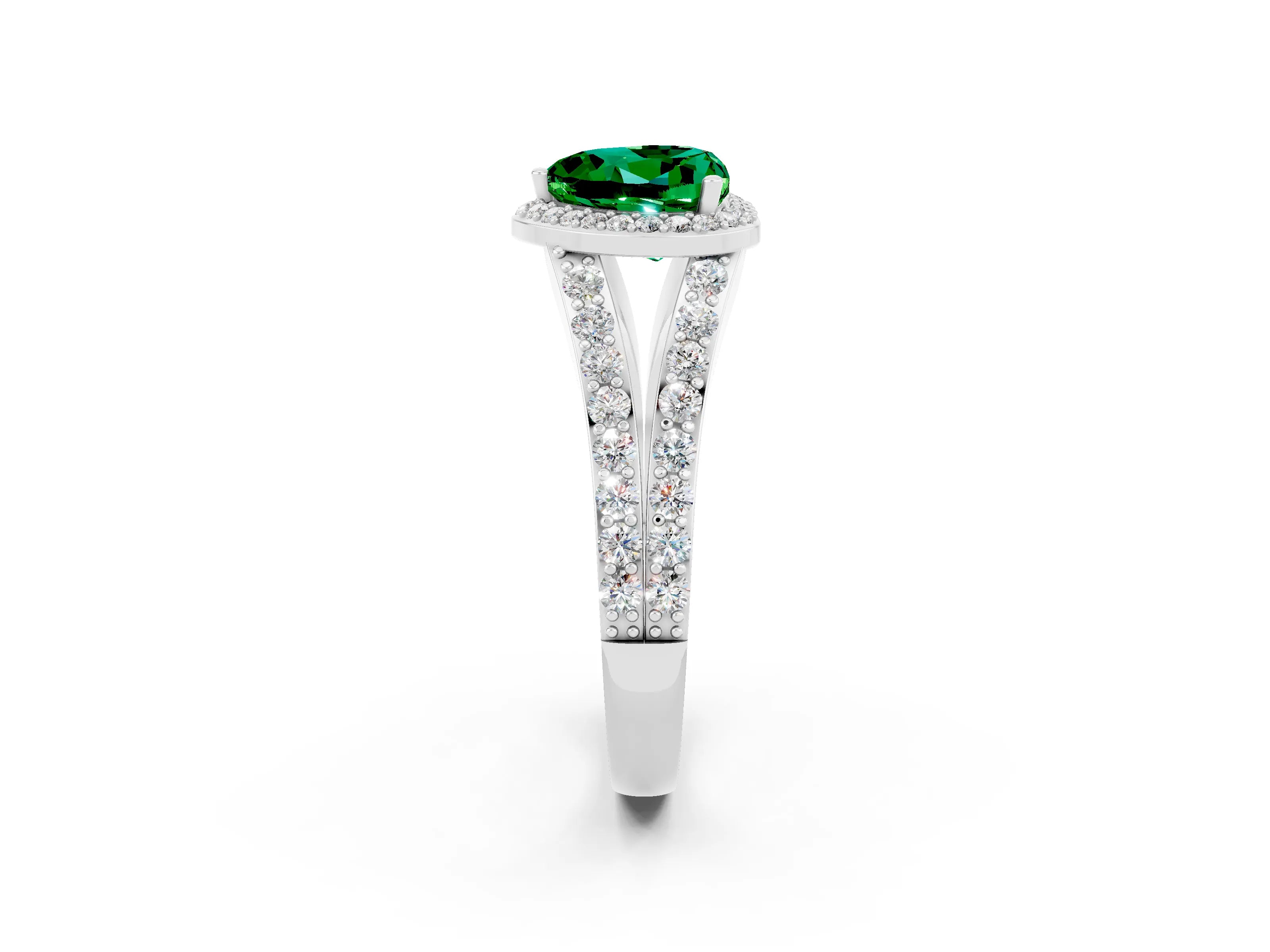 White gold Heart Cut Emerald Split Shank Halo Ring with Four-Prong Setting_54