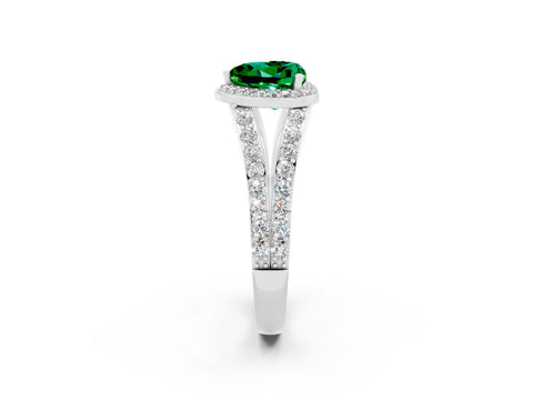 White gold Heart Cut Emerald Split Shank Halo Ring with Four-Prong Setting_54