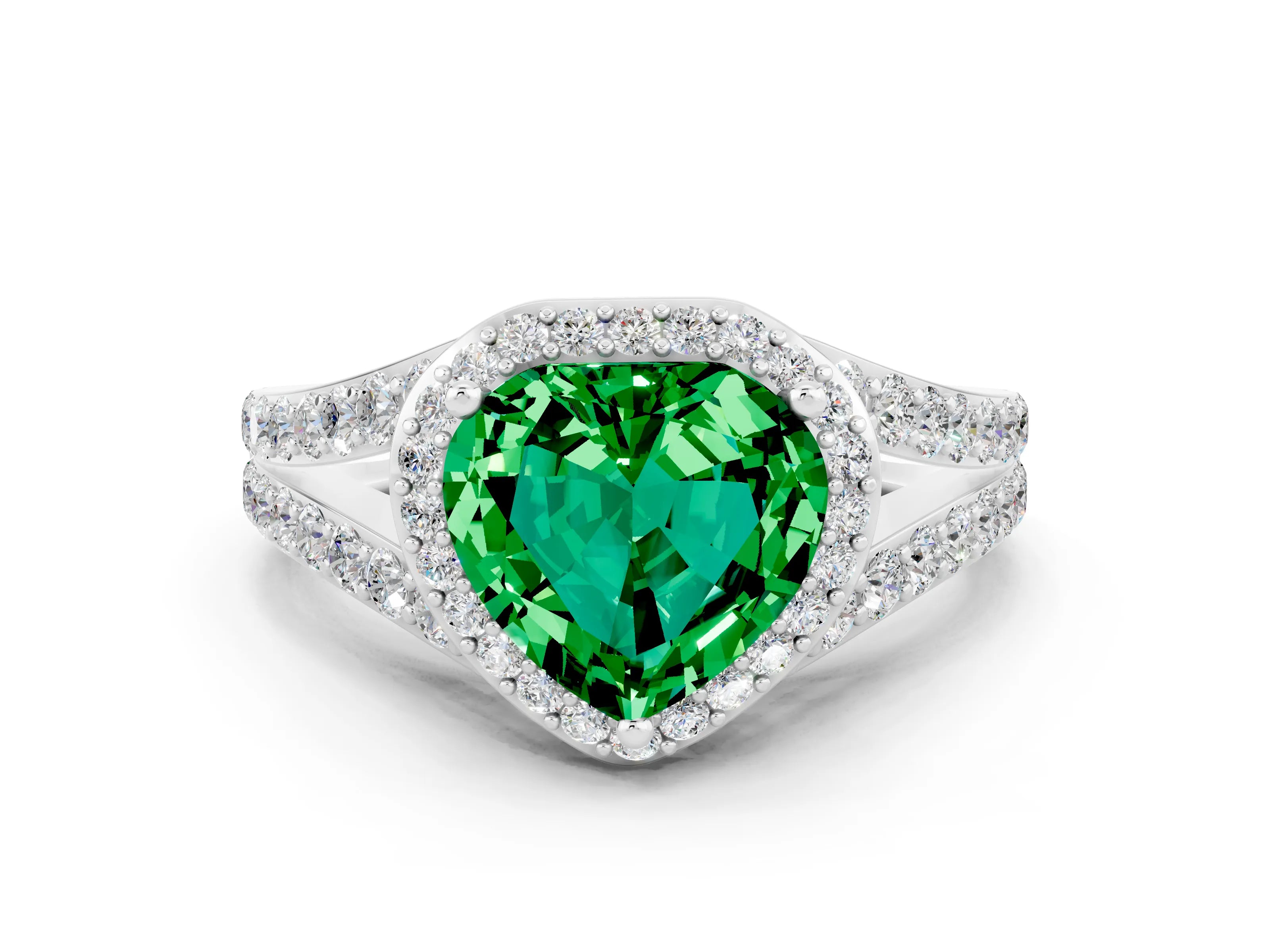 White gold Heart Cut Emerald Split Shank Halo Ring with Four-Prong Setting_58