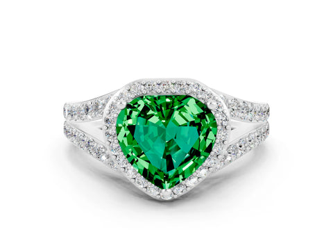 White gold Heart Cut Emerald Split Shank Halo Ring with Four-Prong Setting_58