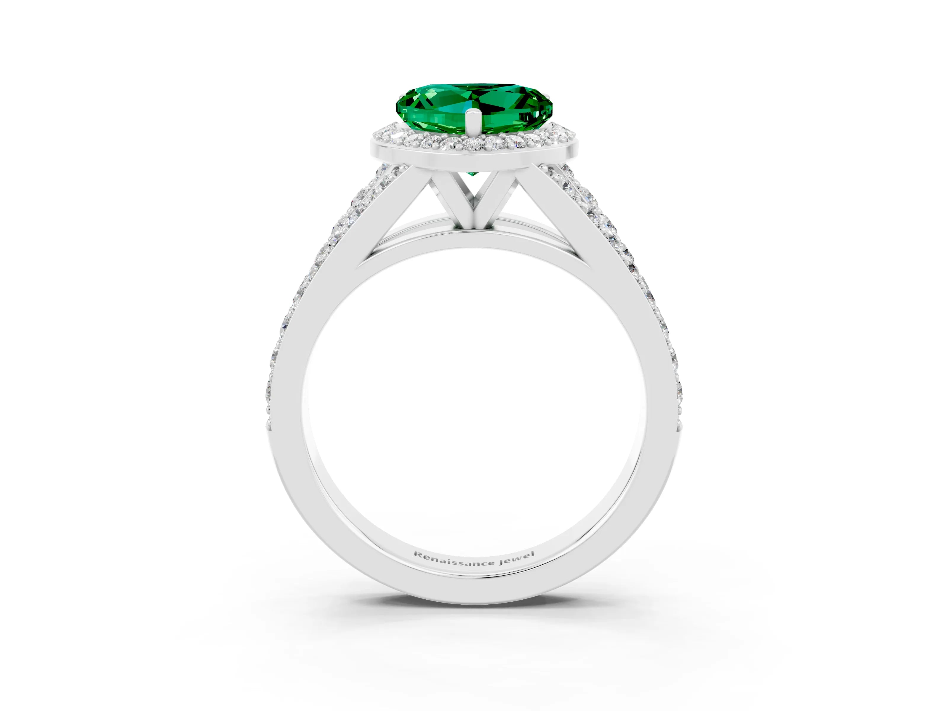 White gold Heart Cut Emerald Split Shank Halo Ring with Four-Prong Setting_61