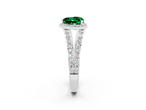 Platinum Heart Cut Emerald Split Shank Halo Ring with Four-Prong Setting