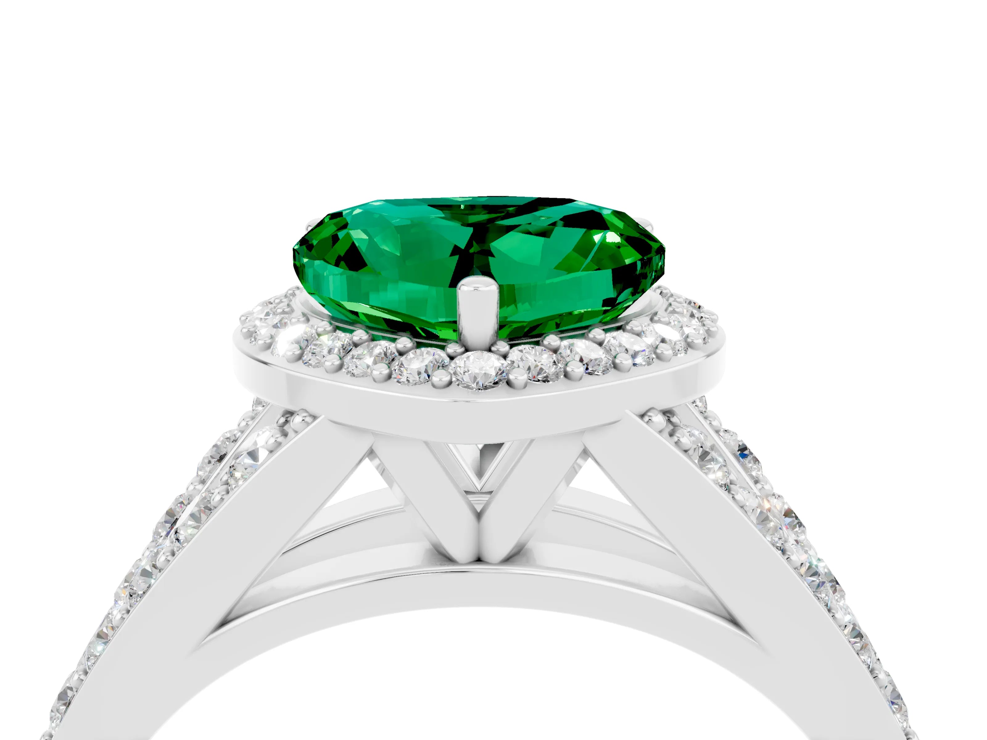 White gold Heart Cut Emerald Split Shank Halo Ring with Four-Prong Setting_64