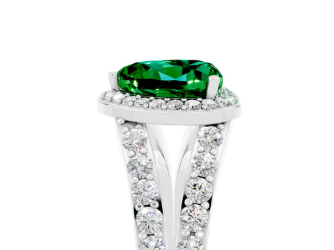White gold Heart Cut Emerald Split Shank Halo Ring with Four-Prong Setting_65