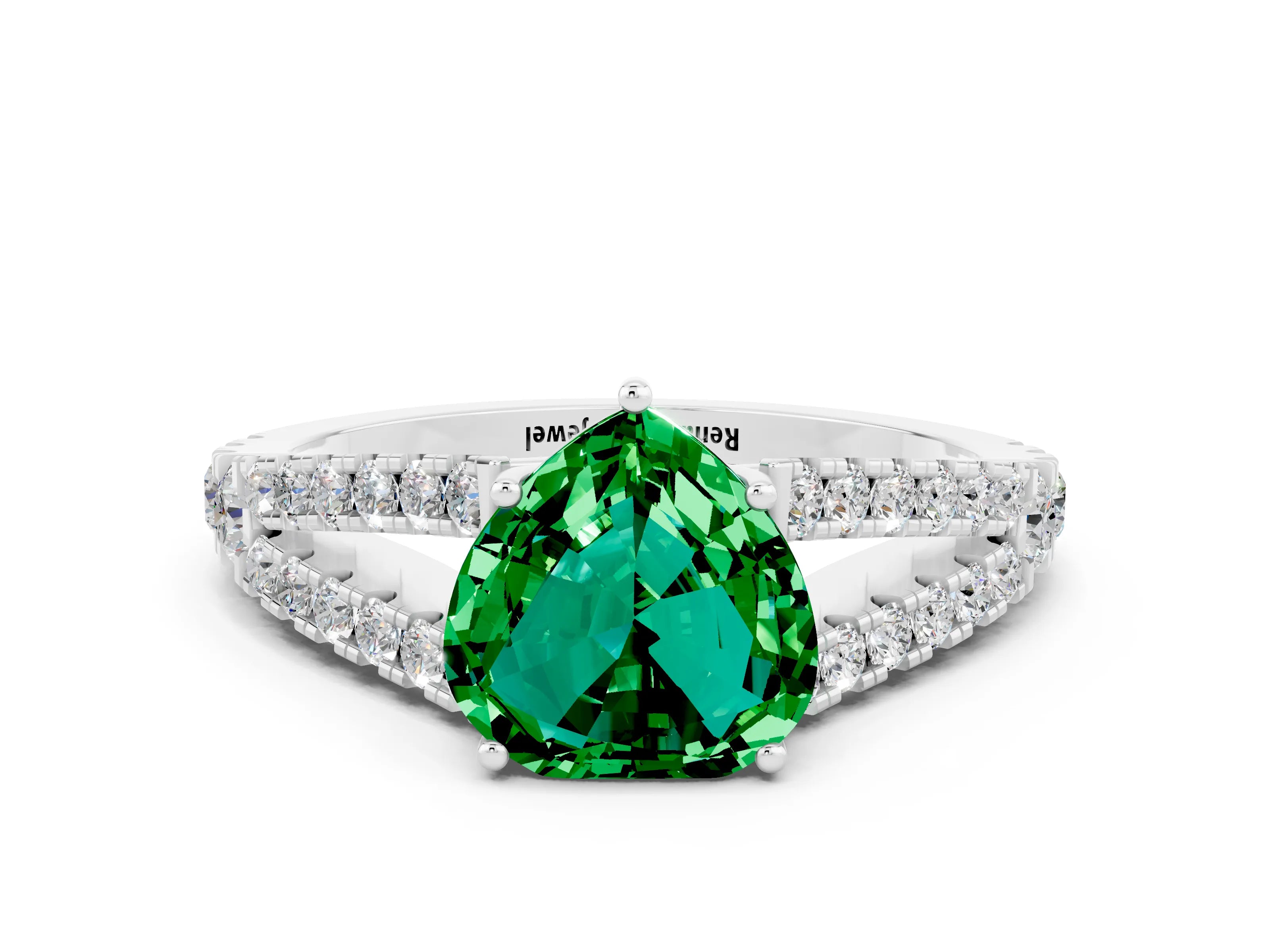 White gold Heart Cut Emerald Split Shank Pavé Engagement Ring with Four-Prong Setting_12