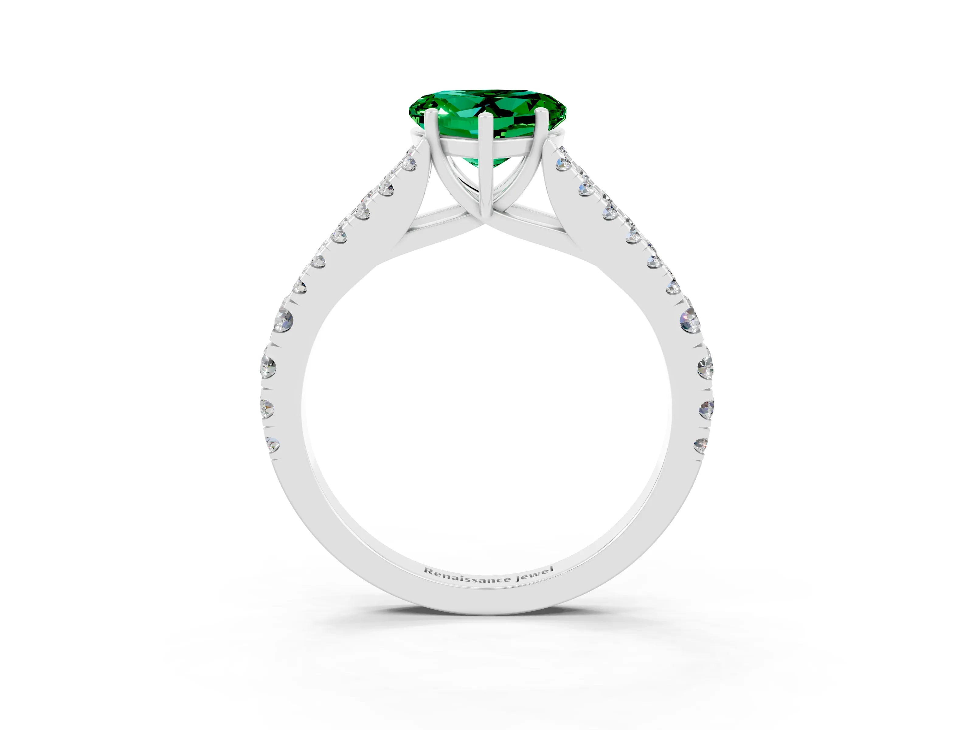 White gold Heart Cut Emerald Split Shank Pavé Engagement Ring with Four-Prong Setting_15