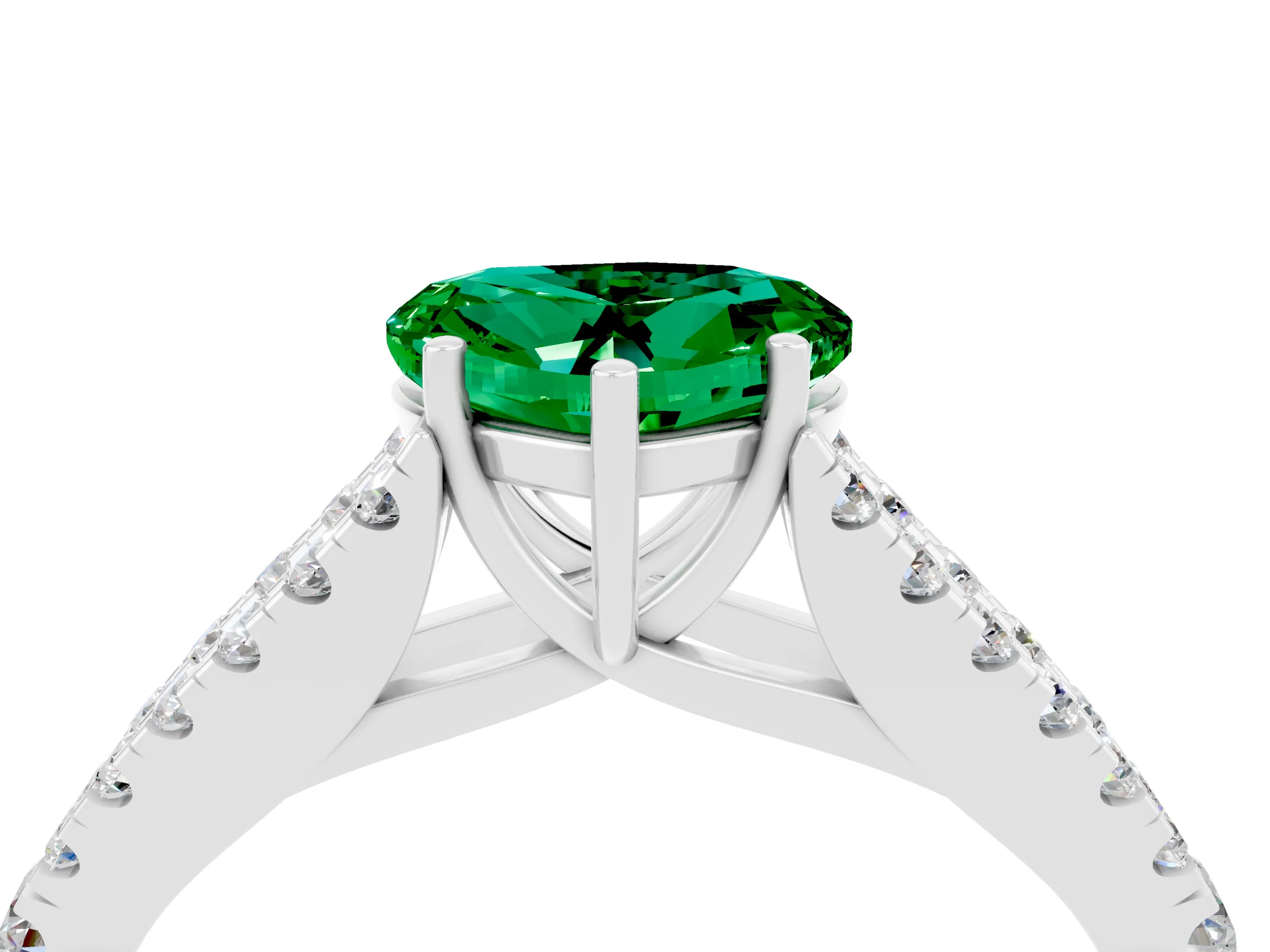 White gold Heart Cut Emerald Split Shank Pavé Engagement Ring with Four-Prong Setting_16