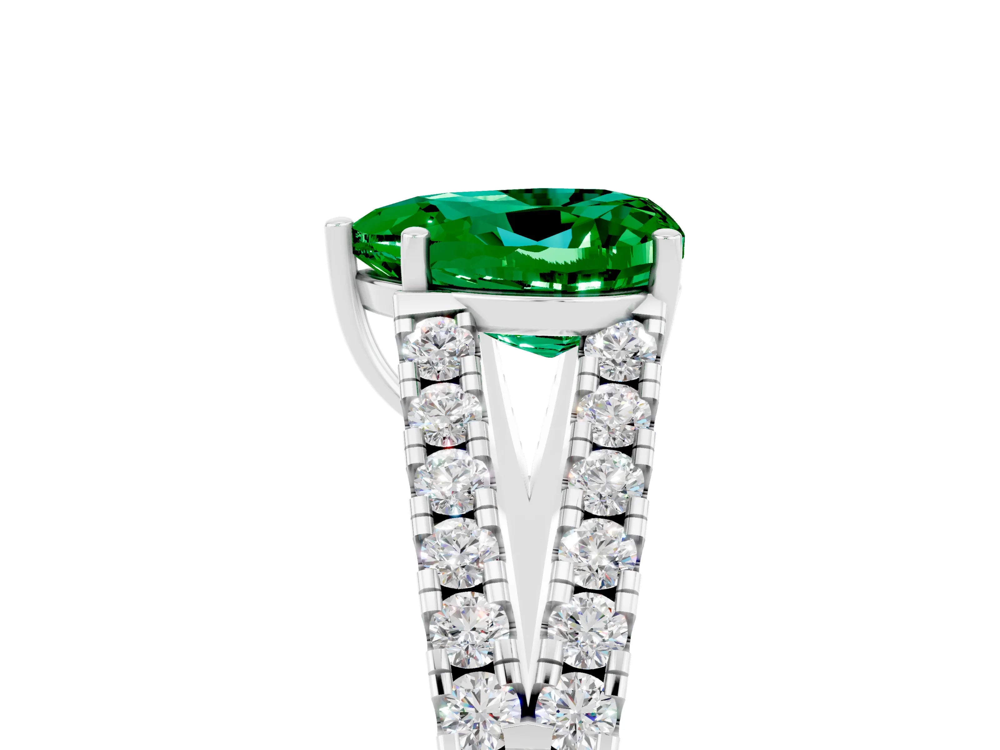White gold Heart Cut Emerald Split Shank Pavé Engagement Ring with Four-Prong Setting_17