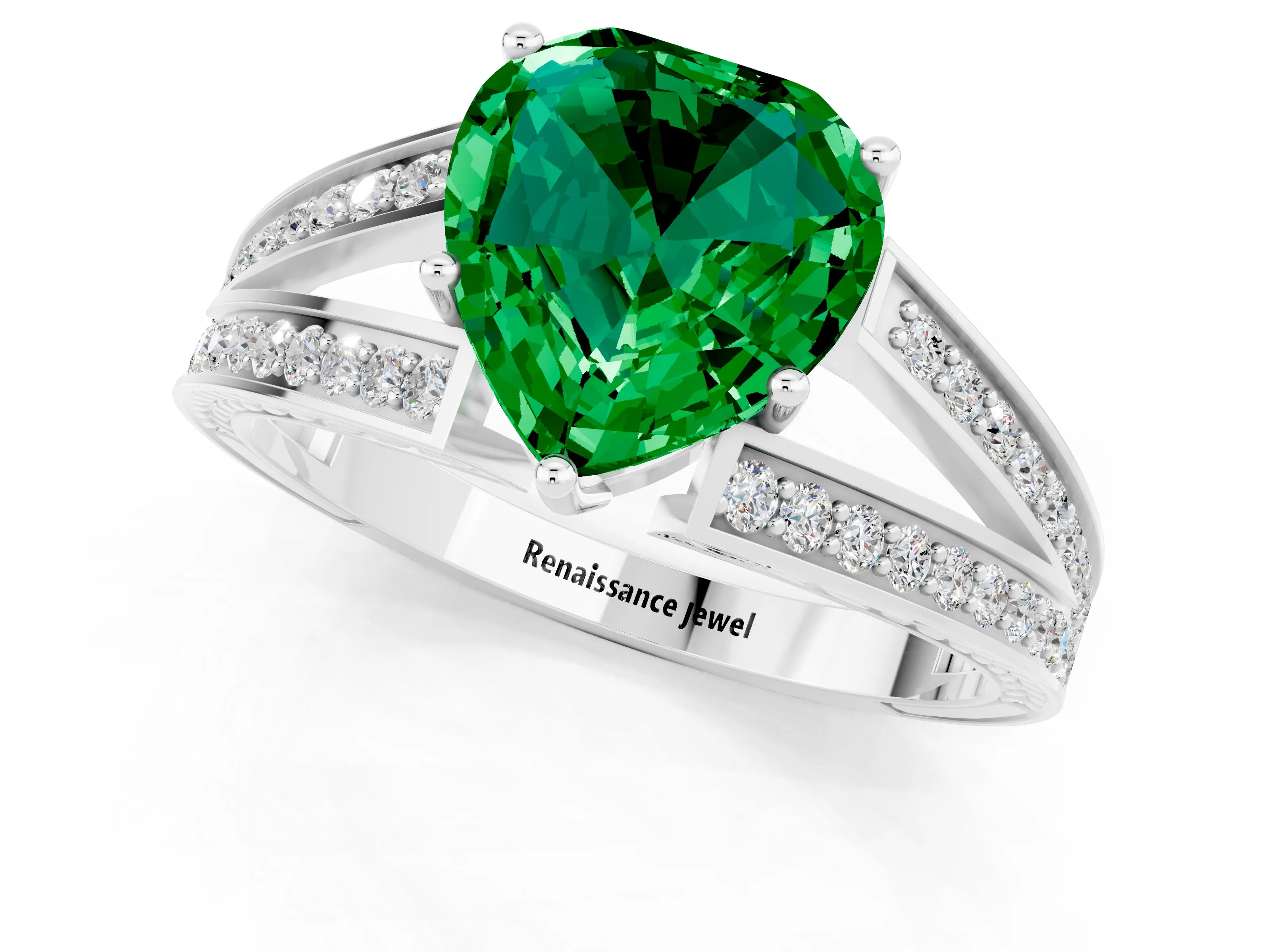 White gold Heart Cut Emerald Split Shank Ring with Pavé Band and Four-Prong Setting_1