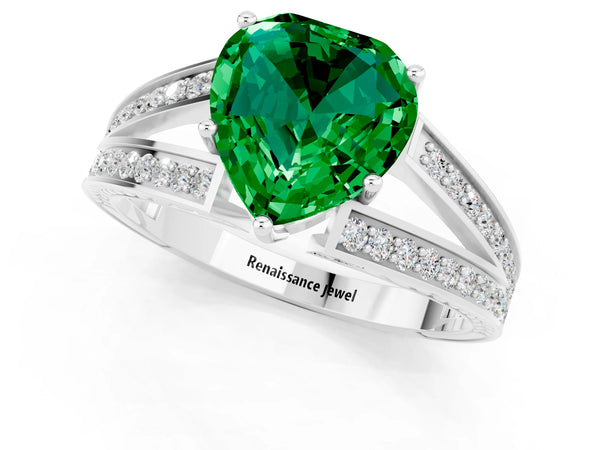 White gold Heart Cut Emerald Split Shank Ring with Pavé Band and Four-Prong Setting