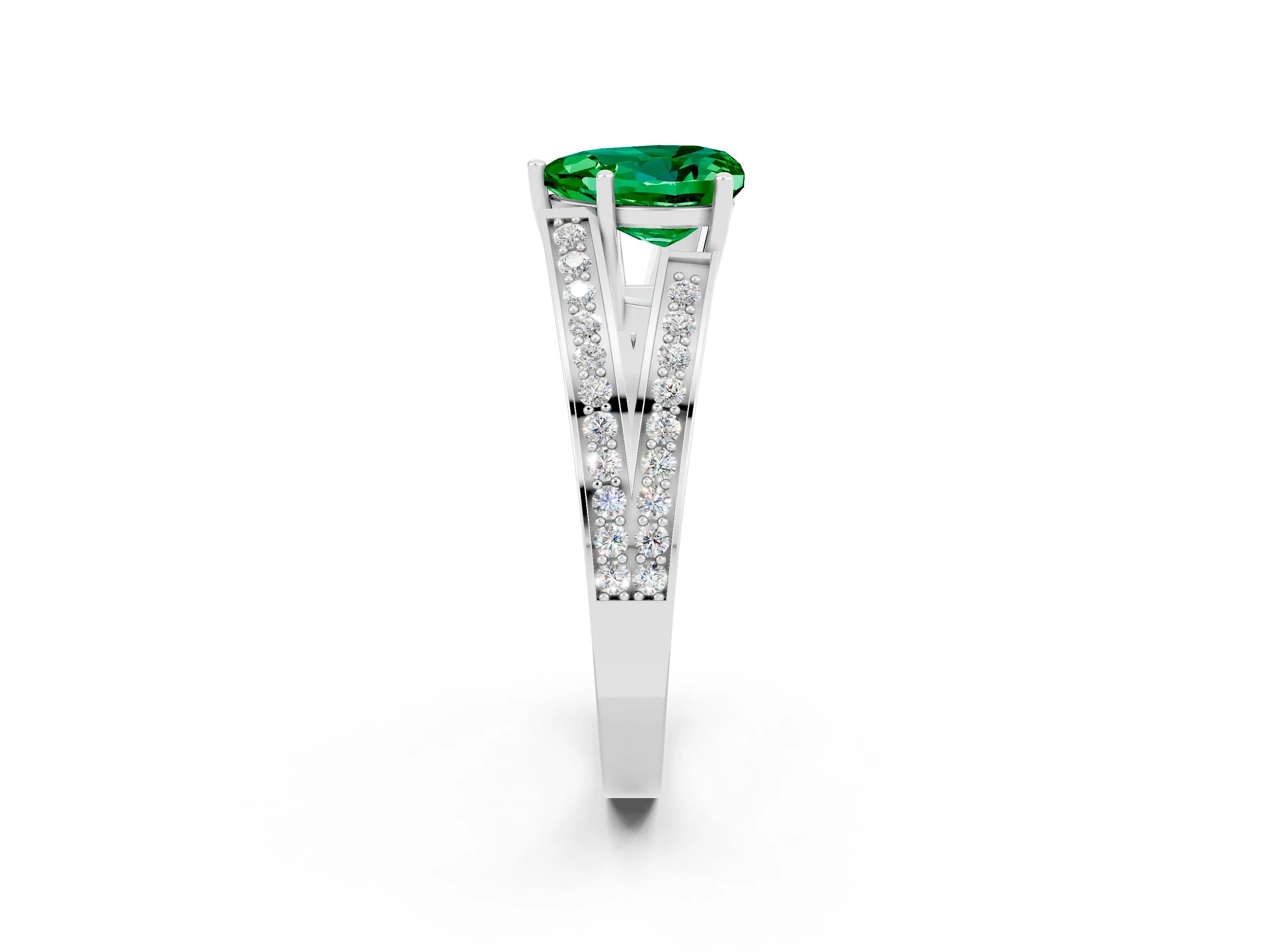 White gold Heart Cut Emerald Split Shank Ring with Pavé Band and Four-Prong Setting_2