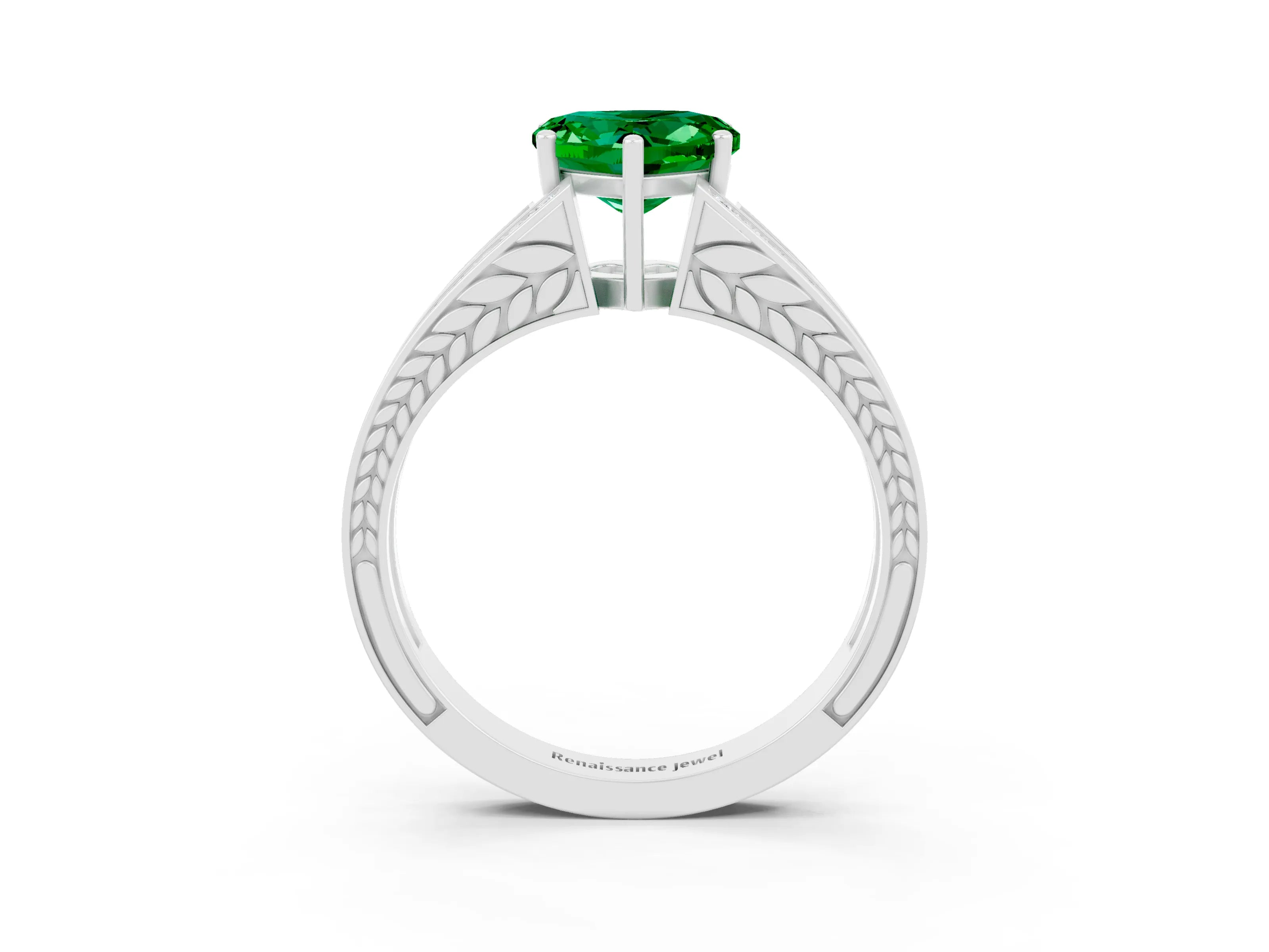 White gold Heart Cut Emerald Split Shank Ring with Pavé Band and Four-Prong Setting_3