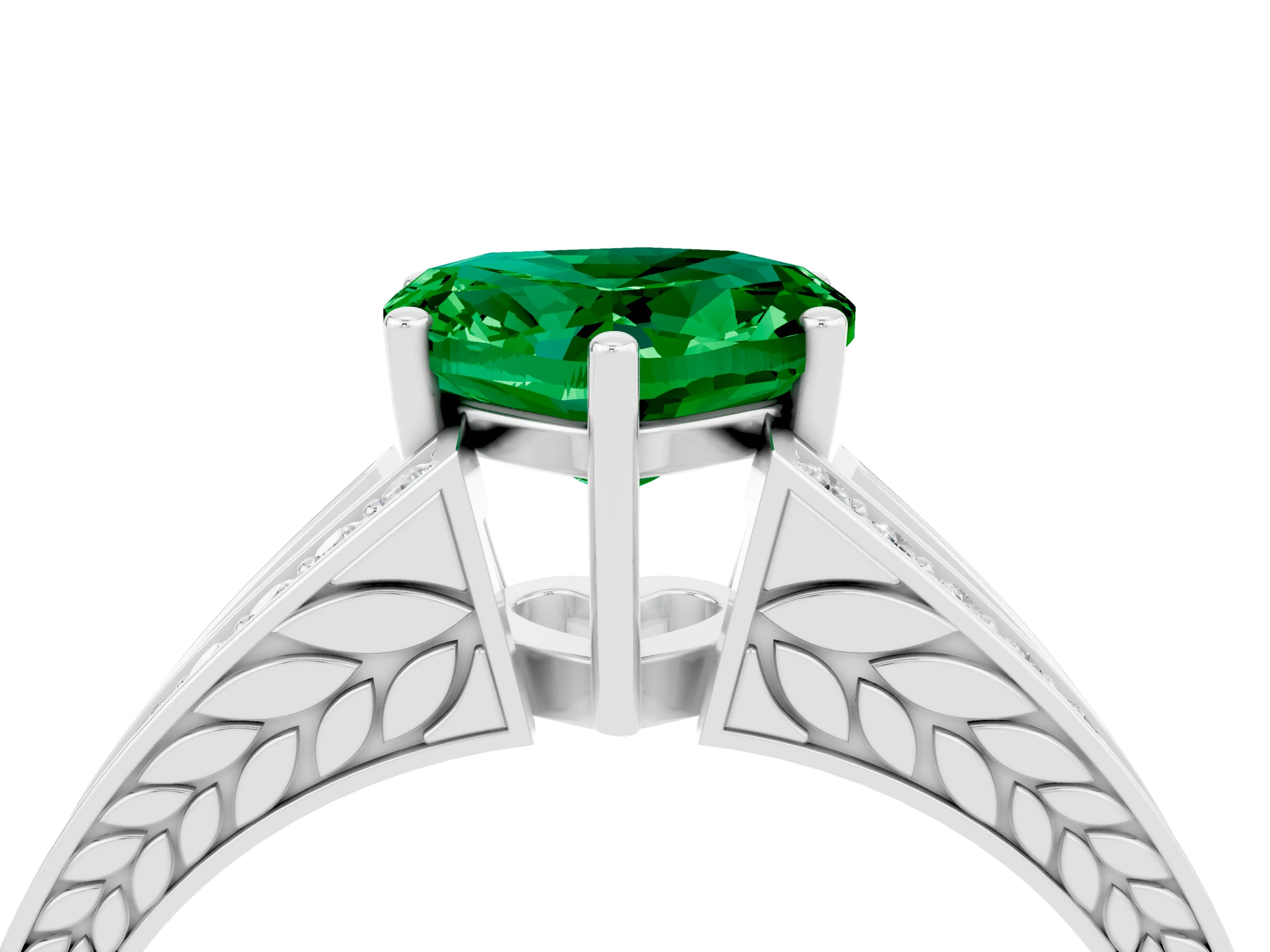 White gold Heart Cut Emerald Split Shank Ring with Pavé Band and Four-Prong Setting_4